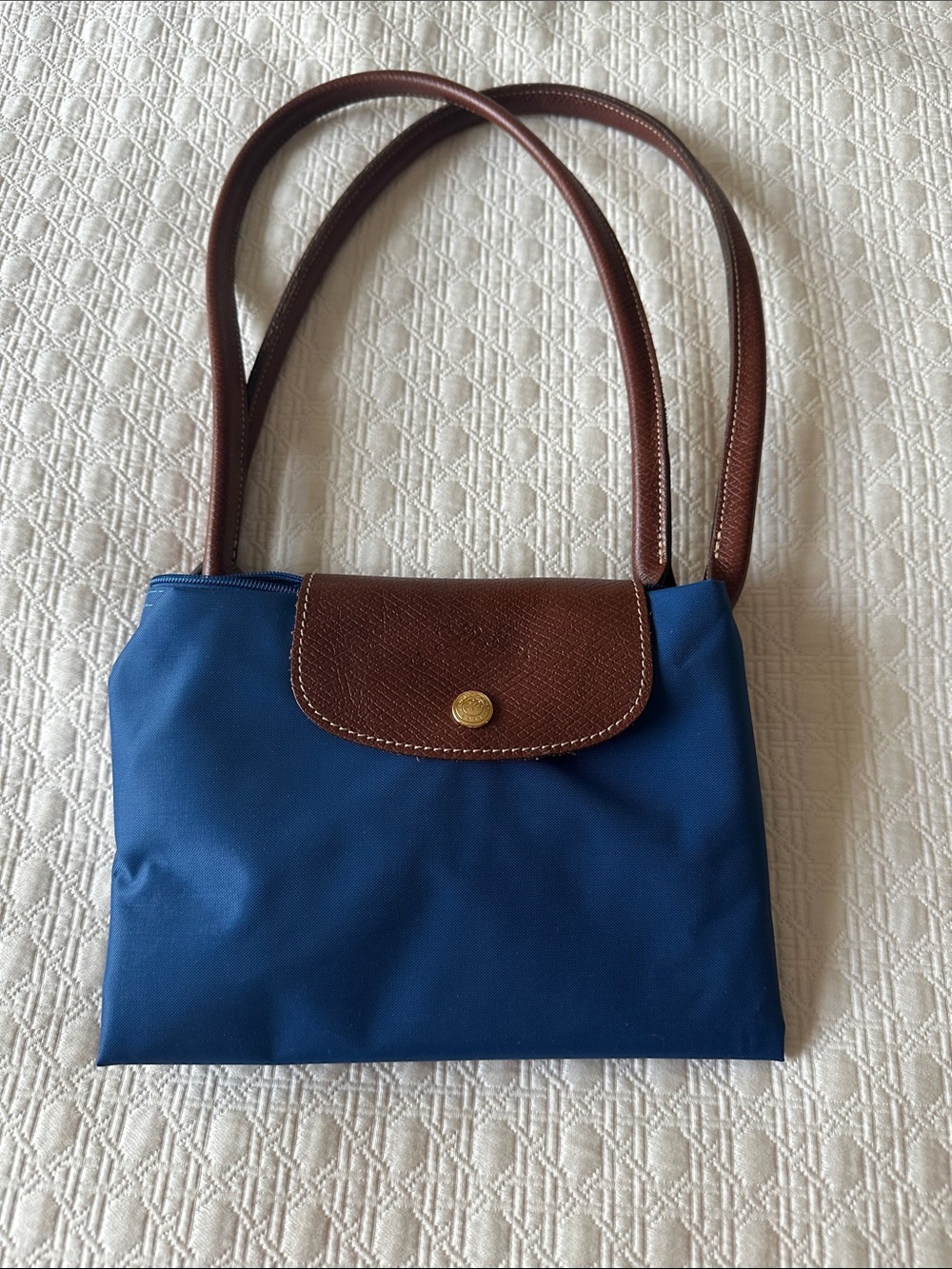 Longchamp Navy and Brown Leather-Trim Shoulder Bag